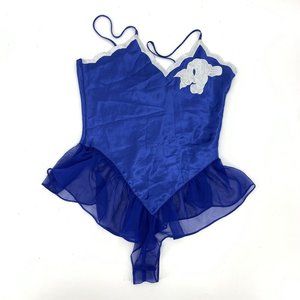 Victorias Secret Gold Label Blue Bodysuit Satin Body Beaded Sheer Ruffle S